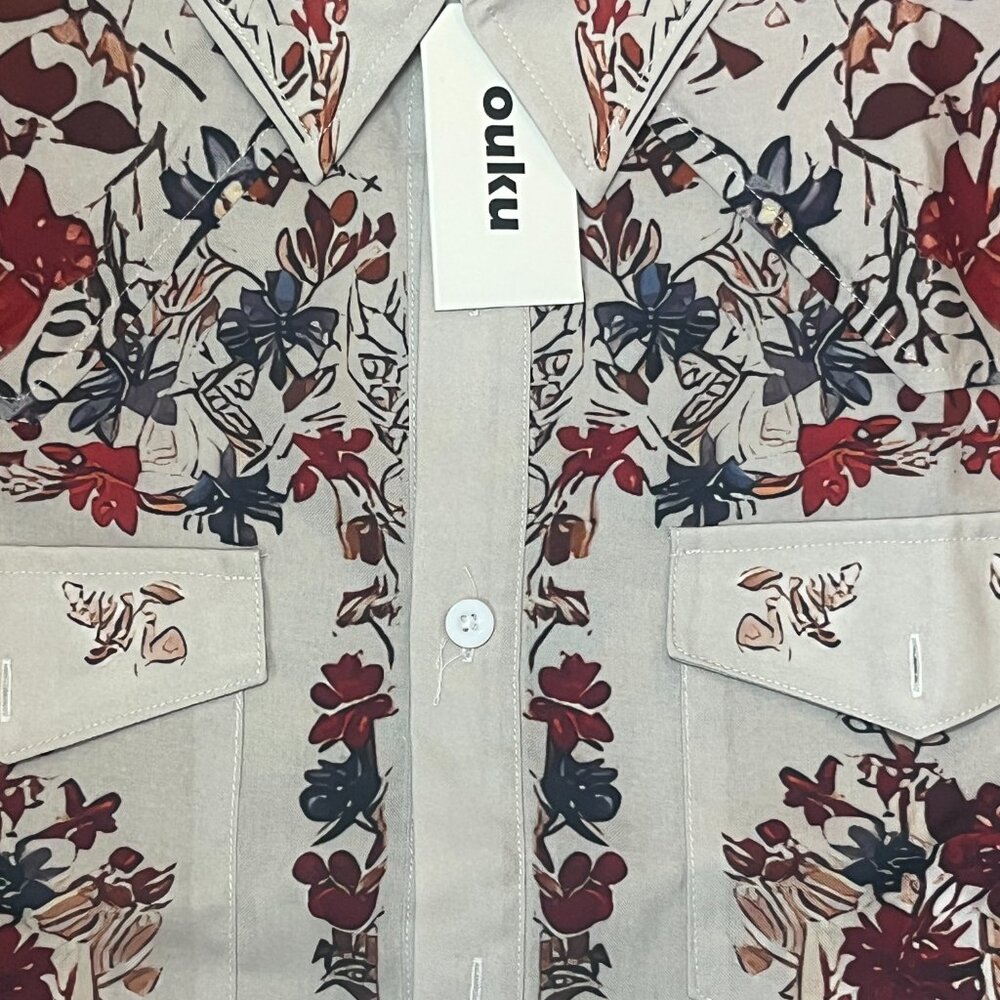 Men's Ouku Beige Floral Casual Button Down Shirt M - Picture 5 of 8